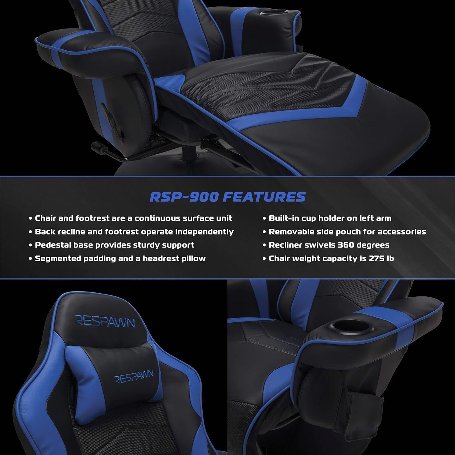 Blue 900 Gaming Recliner With Adjustable Leg Rest Cupholder-1